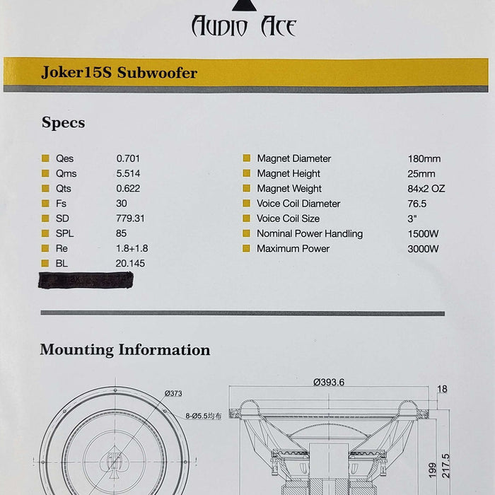 Audio Ace Joker v3 15" 1500W RMS Dual-2-Ohm Subwoofer