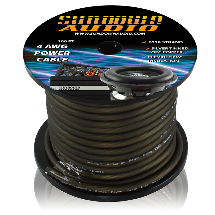 Sundown Audio 4 Gauge BLACK 100' Tinned OFC Oxygen Free Copper Power/Ground Cable/Wire